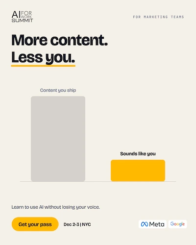 Marketing card — “More content. Less you.” Bars compare the content you ship with how much of it sounds like you. Learn to use AI without losing your voice.