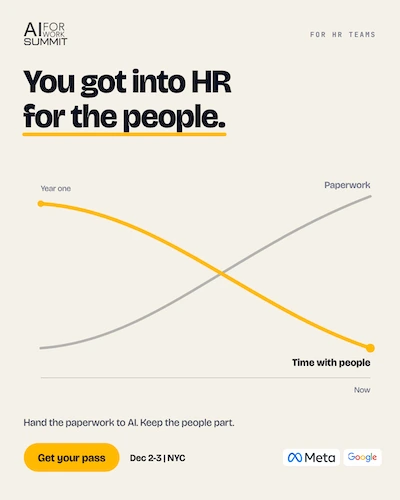 HR card — “You got into HR for the people.” Time with people falls while paperwork rises. Hand the paperwork to AI and keep the people part.